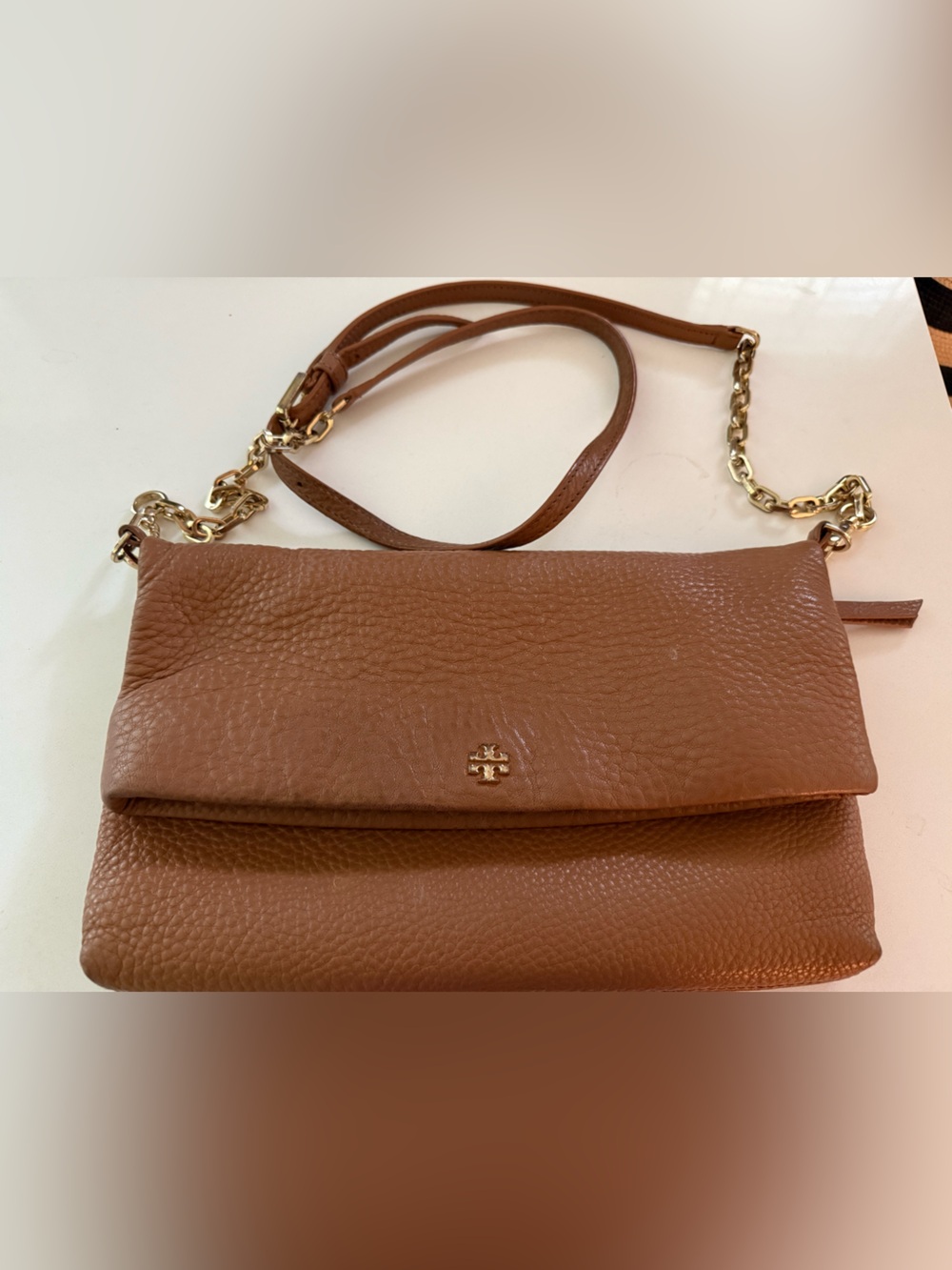 Tory Burch Tan Pebbled Leather Emerson Fold-Over Crossbody with Gold Chain